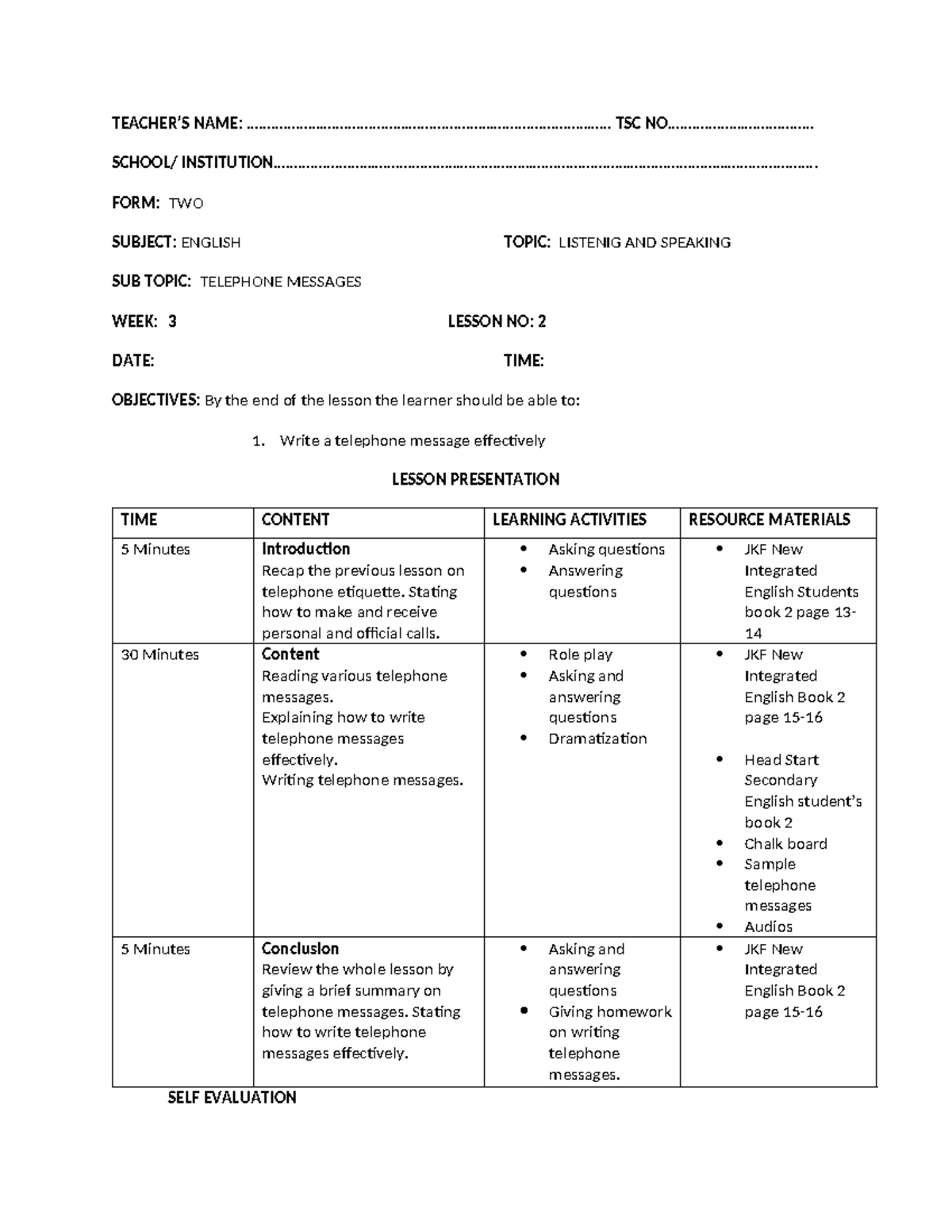 Lesson 8: Listening and Speaking - Telephone Messages (Week 3) - Studocu