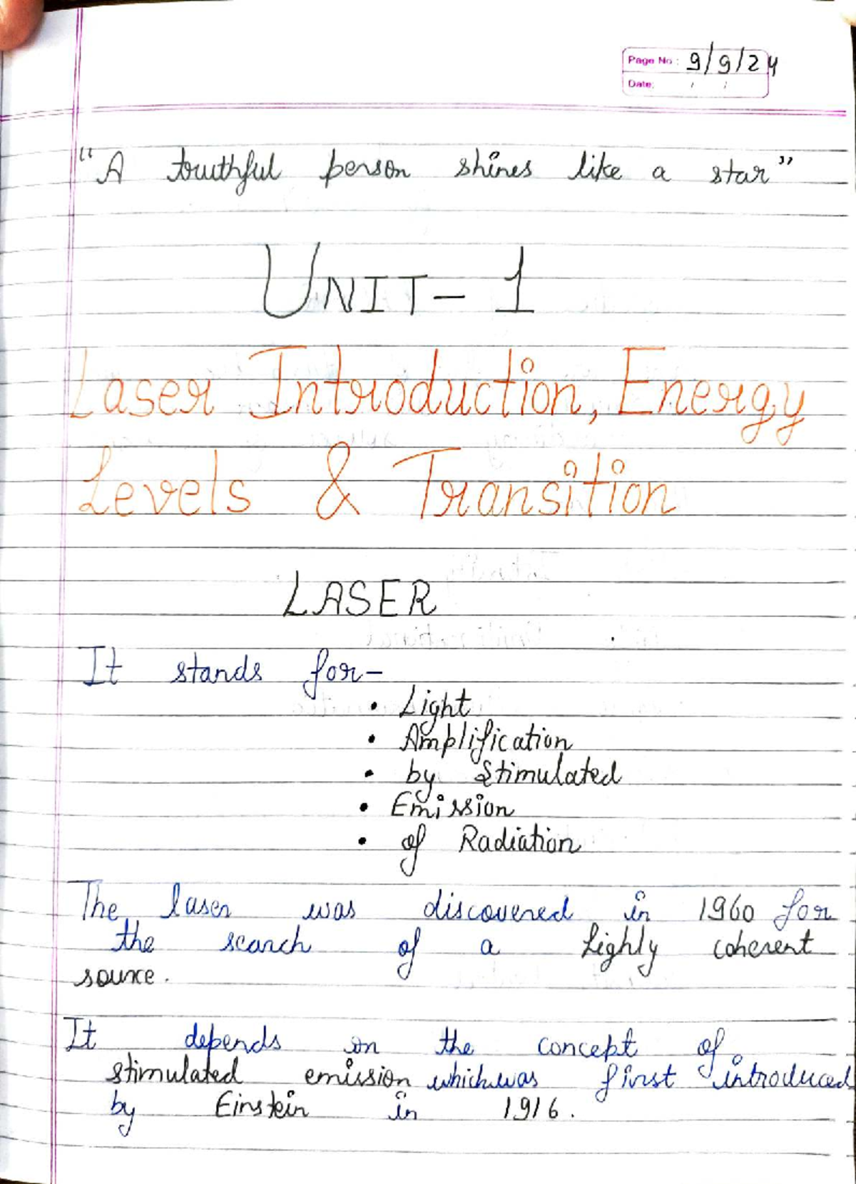 Laser Unit 1 Notes: Concepts and Applications of Coherence - Studocu