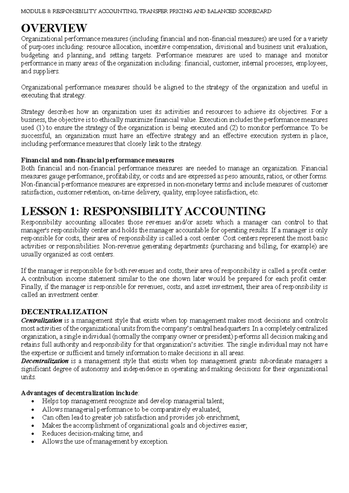 MODULE 8: OVERVIEW OF RESPONSIBILITY ACCOUNTING, TRANSFER PRICING & BSC ...