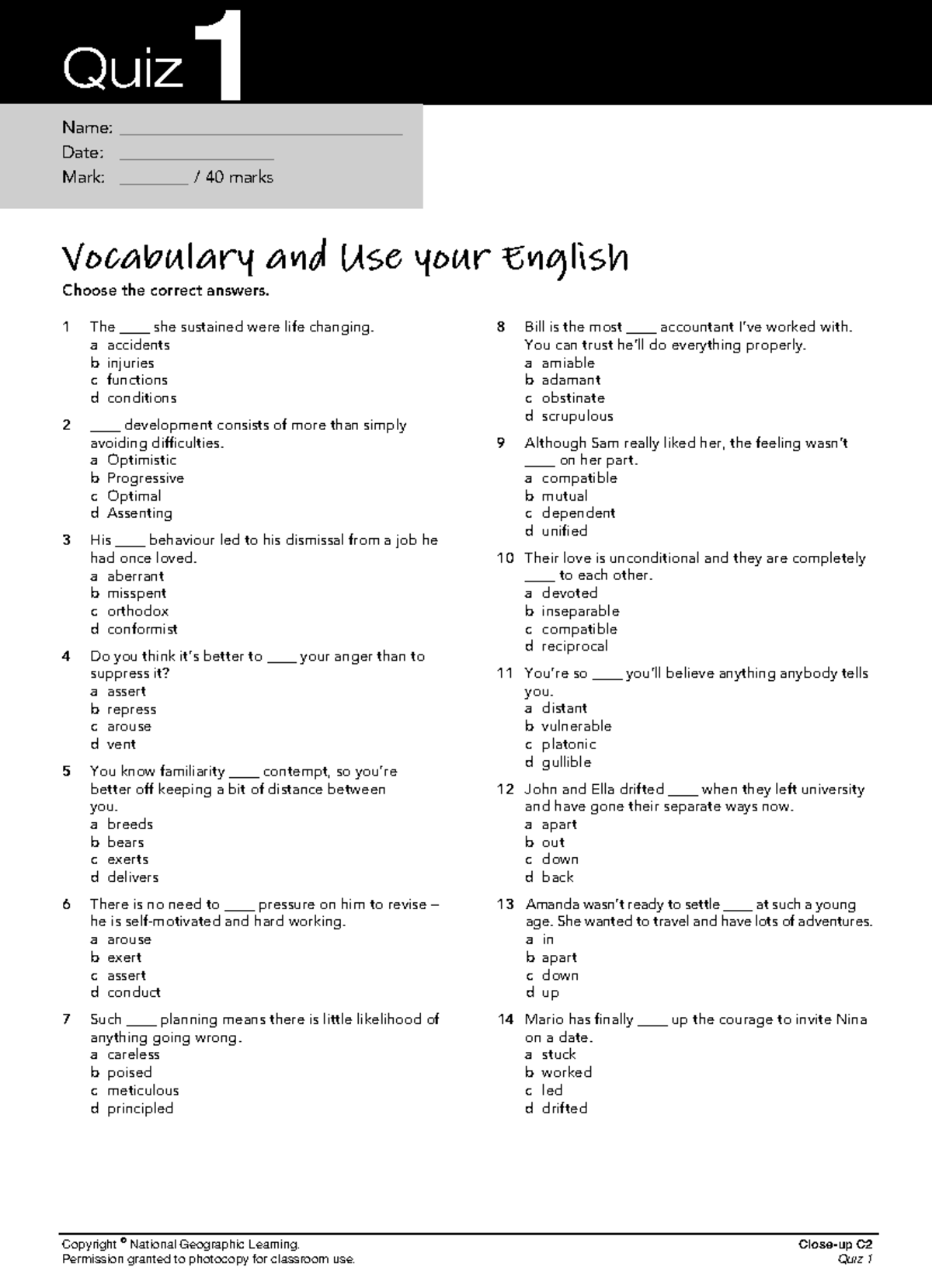 C2 Quiz 1: Vocabulary and Grammar Proficiency Test - Studocu
