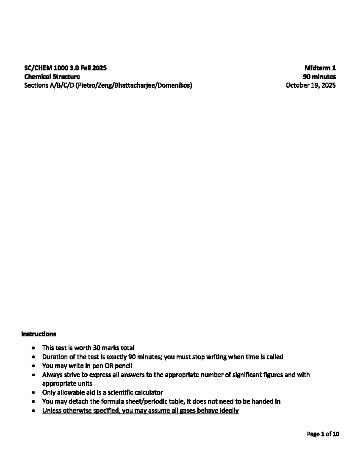 Chem 3.0 Fall 2025 Midterm 1: Chemical Structure Exam Answers - Studocu