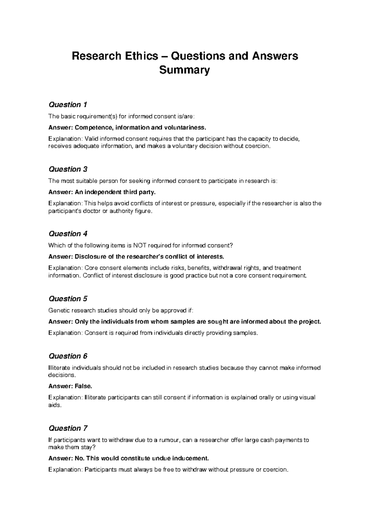 Research Ethics Q&A Summary: Informed Consent Essentials - Studocu