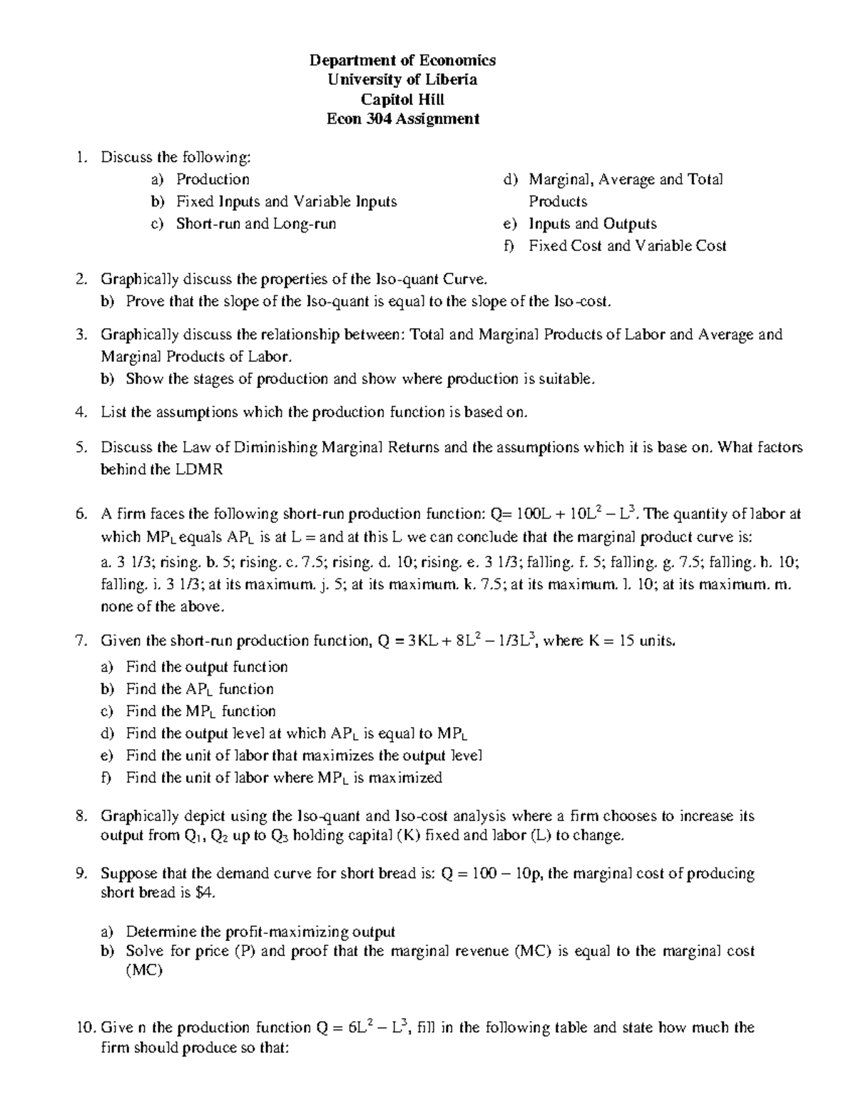 ECON 304 Final Assignment: Production Analysis and Functions - Studocu