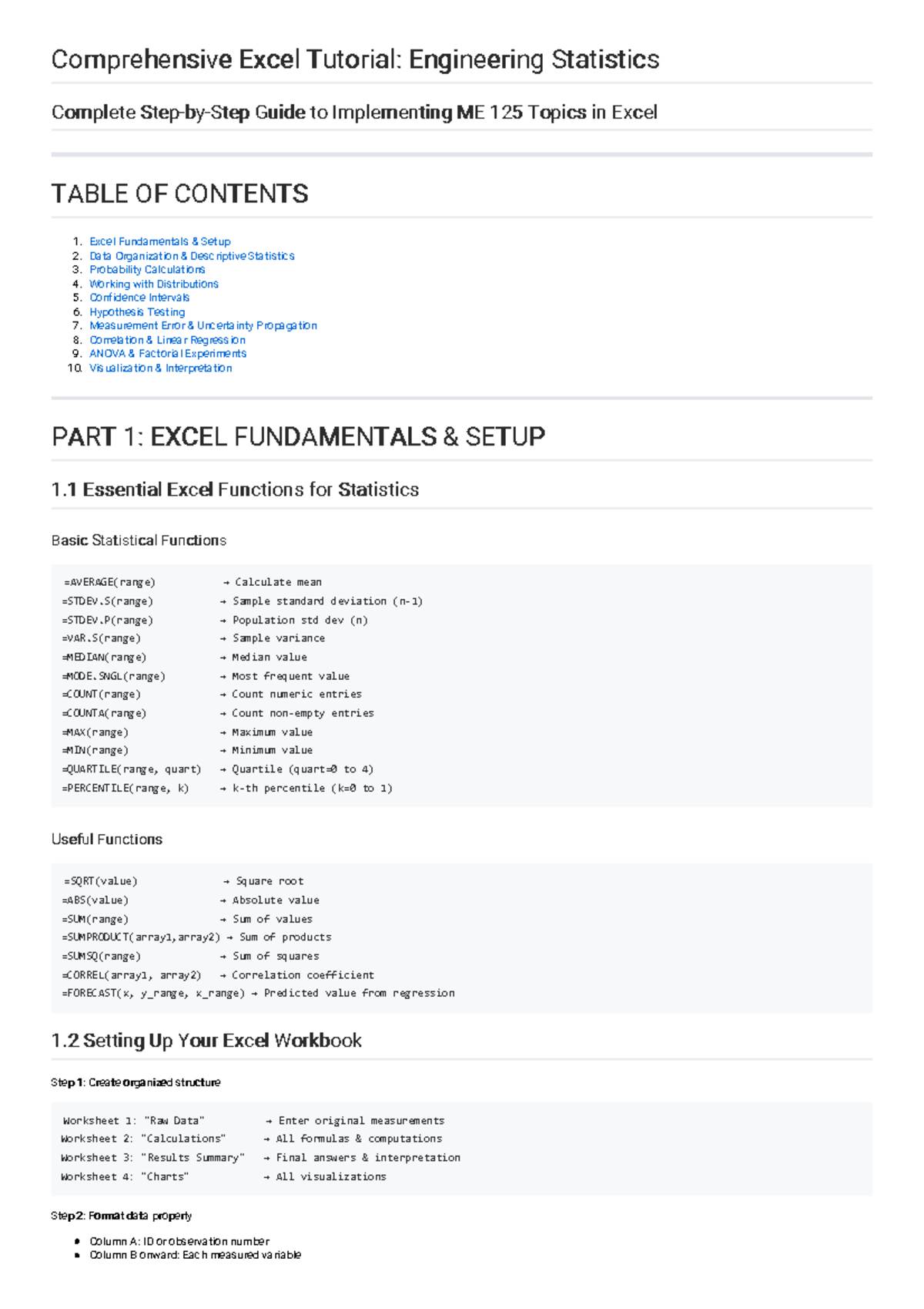 Comprehensive Guide to Engineering Statistics in Excel (ME 125) - Studocu