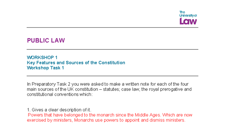PUBLIC LAW WORKSHOP 1: Key Features of the UK Constitution - Studocu