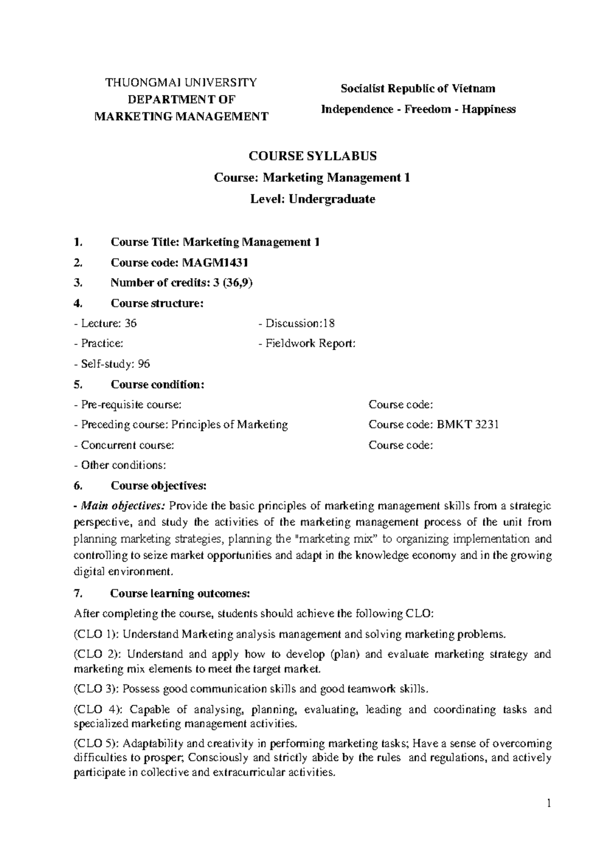MAGM1431 Marketing Management 1 Course Syllabus and Overview - Studocu