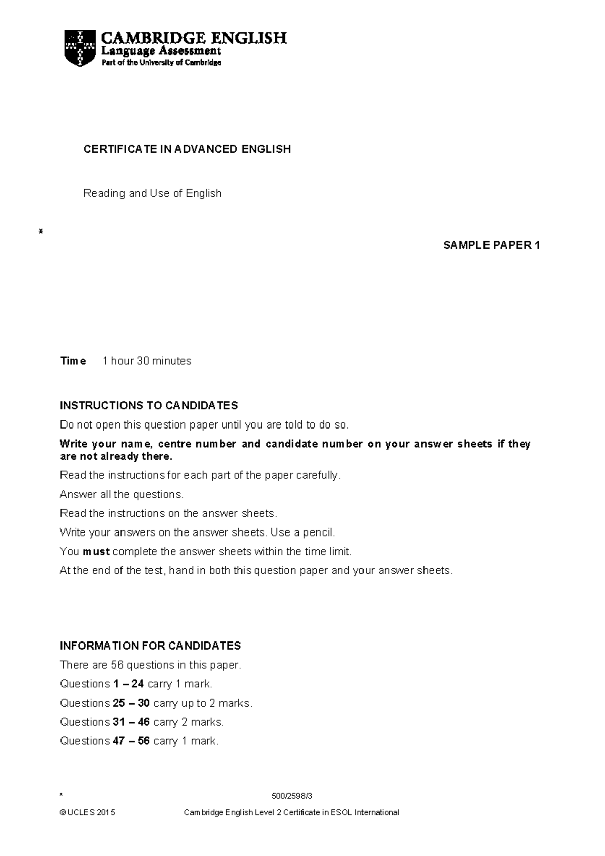 CAE Use of English Diagnostic Test Sample Paper - Studocu