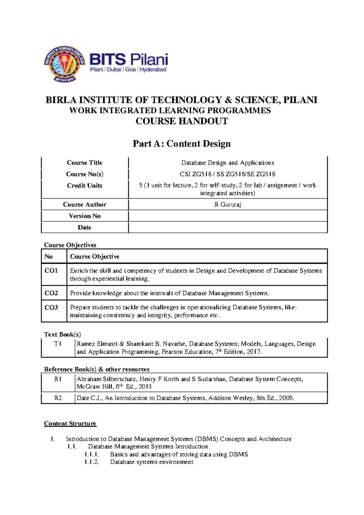 DBDA - Database Design and Applications Course Notes (CSI ZG518) - Studocu