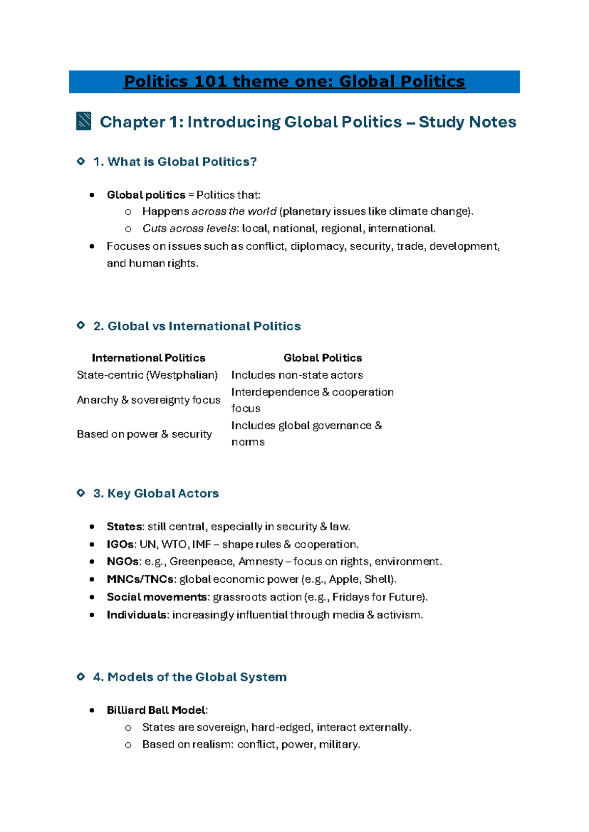 Politics 101: Global Politics Chapter 1 Study Notes - Studocu