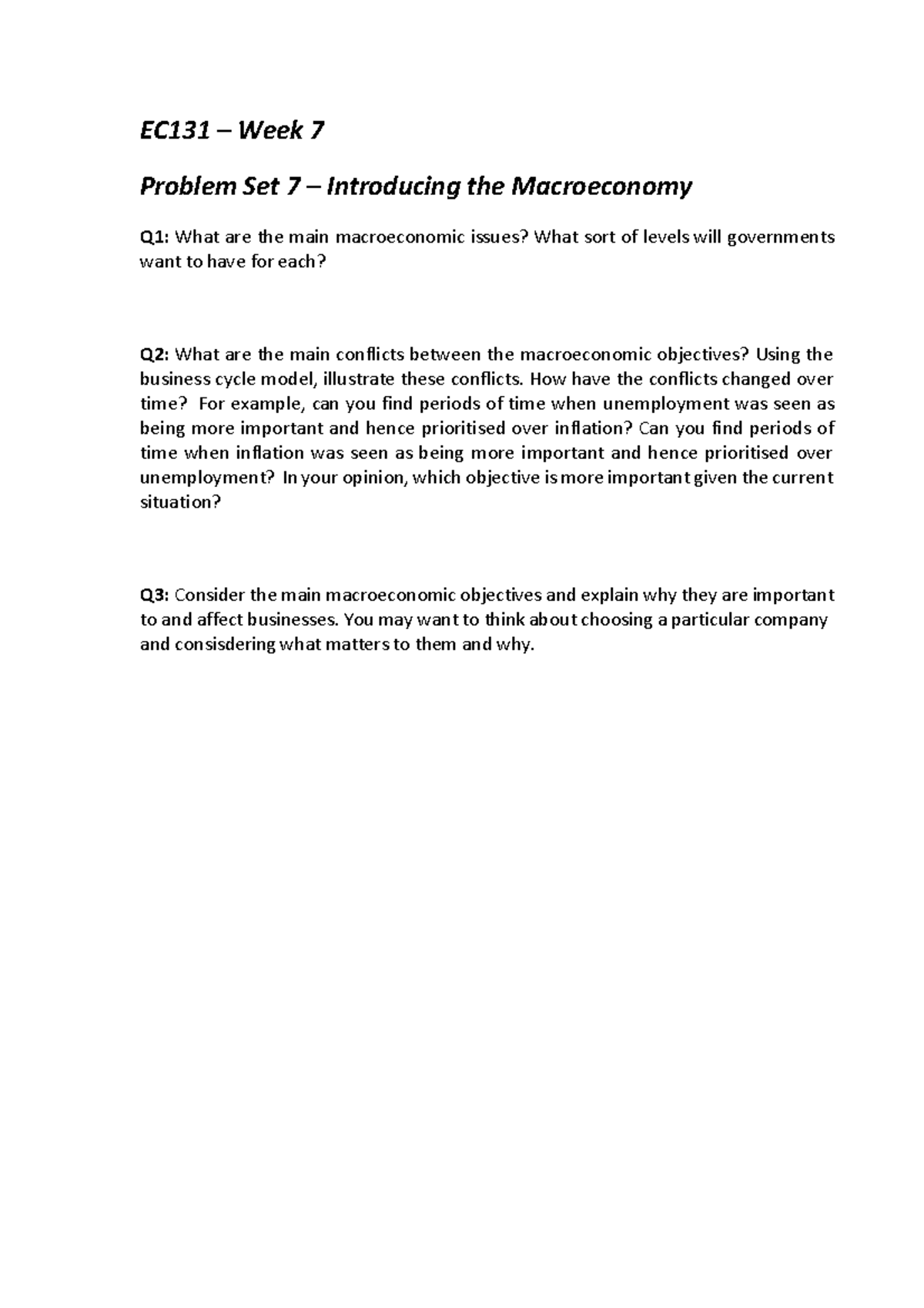 EC131 Week 7 Problem Set: Key Macroeconomic Issues & Conflicts - Studocu