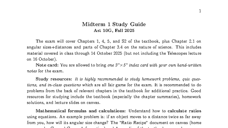 Midterm 1 Study Guide for AST 10G, Fall 2025: Key Concepts & Formulas ...