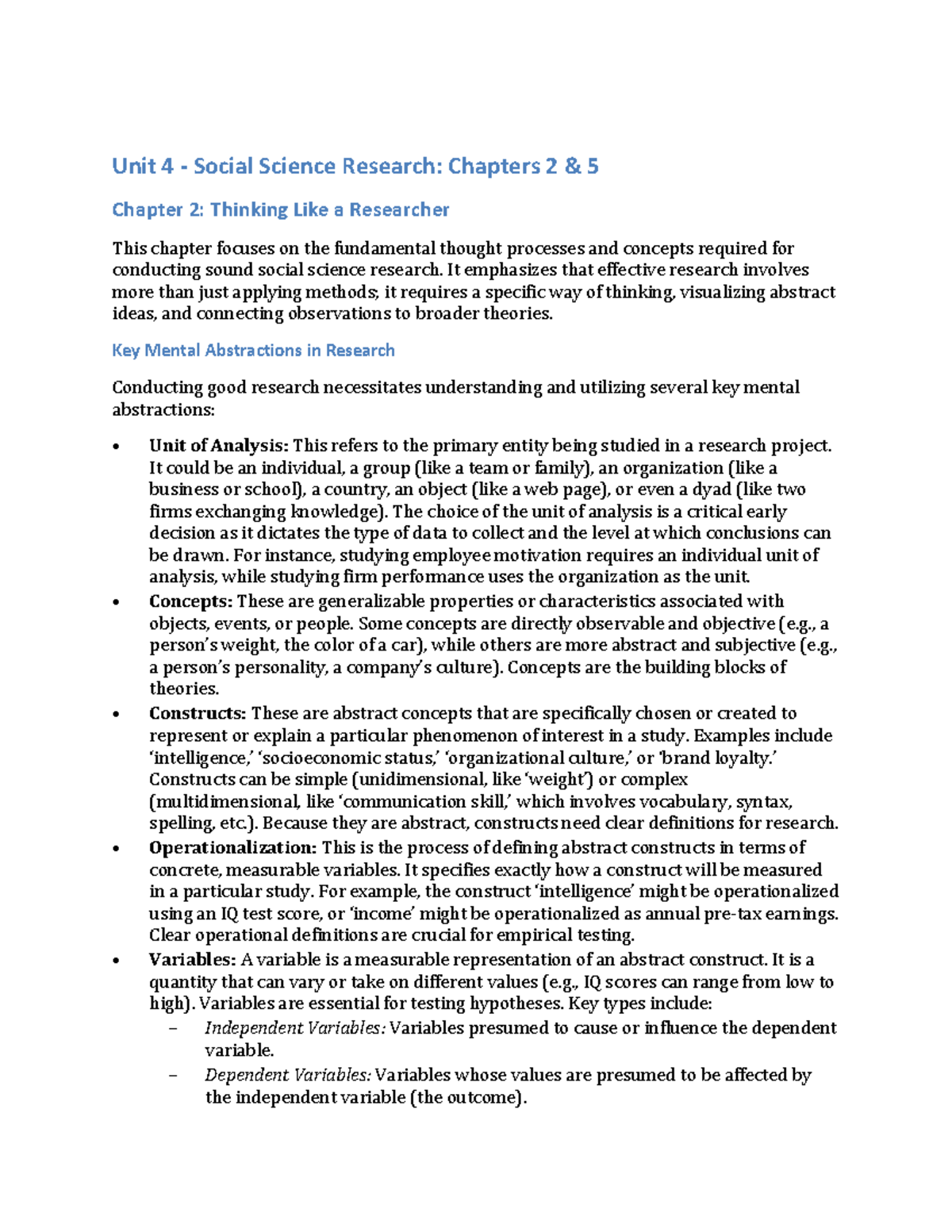 Unit 4 - Social Science Research: Chapters 2 & 5 Overview - Studocu