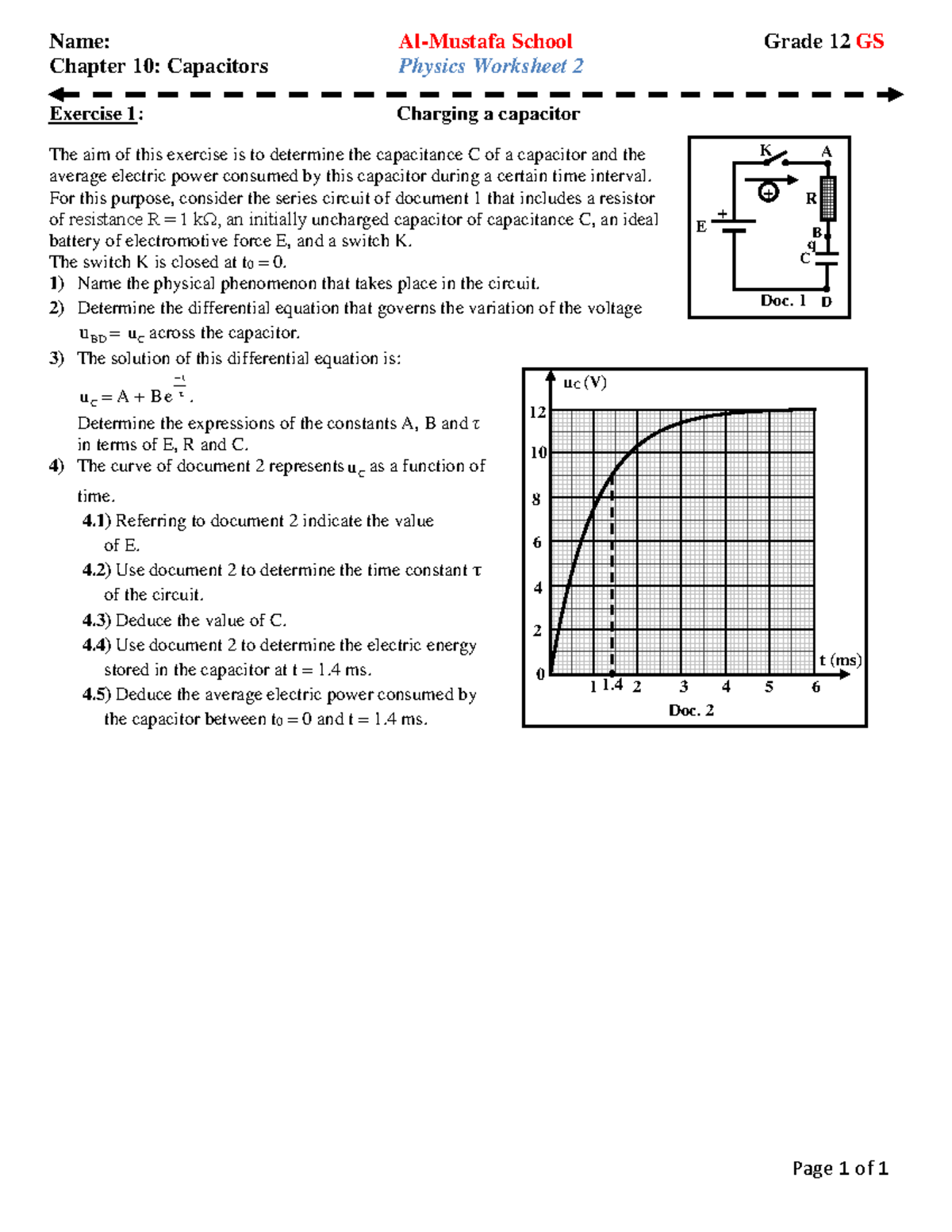 Grade 12 GS: Chapter 10 Capacitors Worksheet 2 Exercise 1 - Studocu