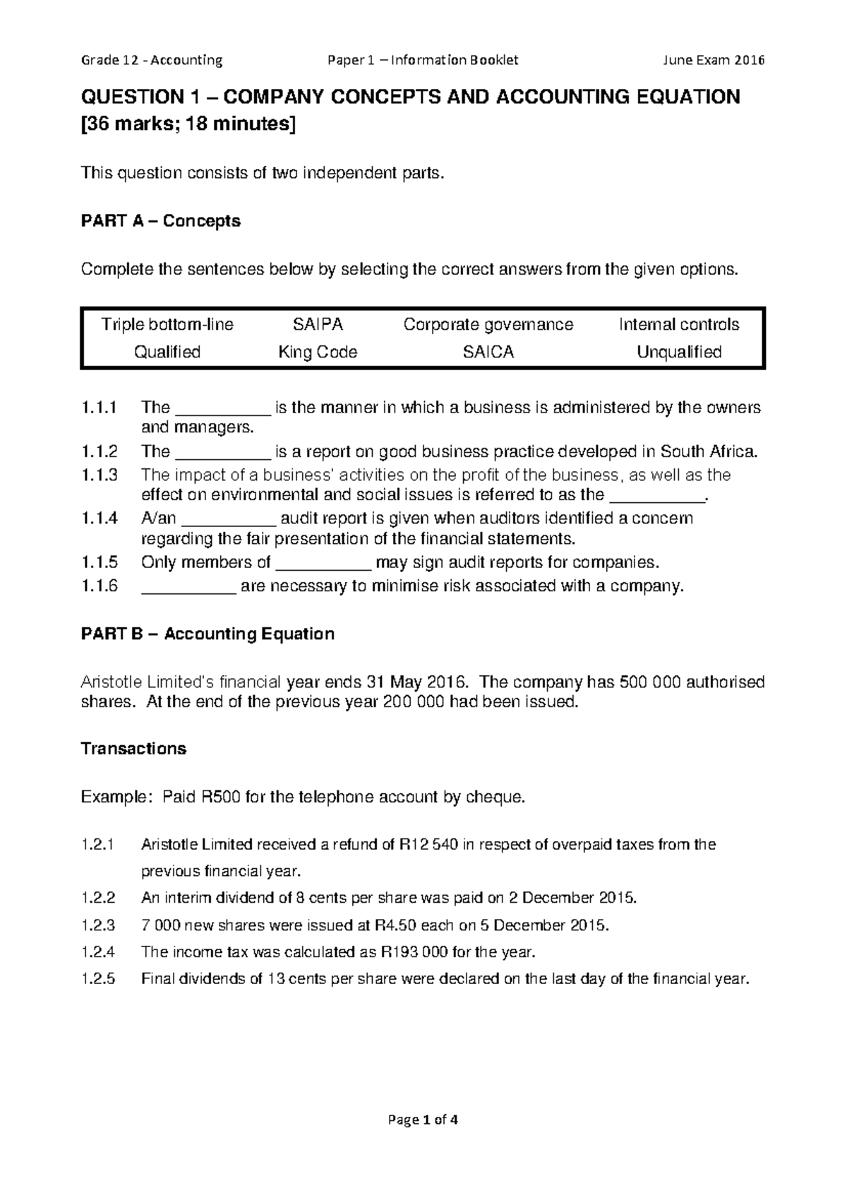 Grade 12 Accounting Paper 1 Info Booklet June Exam 2016 - Studocu