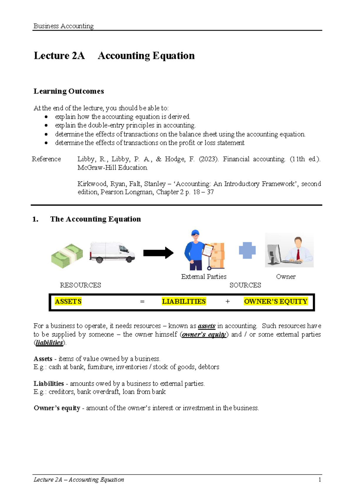 Business Accounting Lecture 2A: Accounting Equation - Studocu