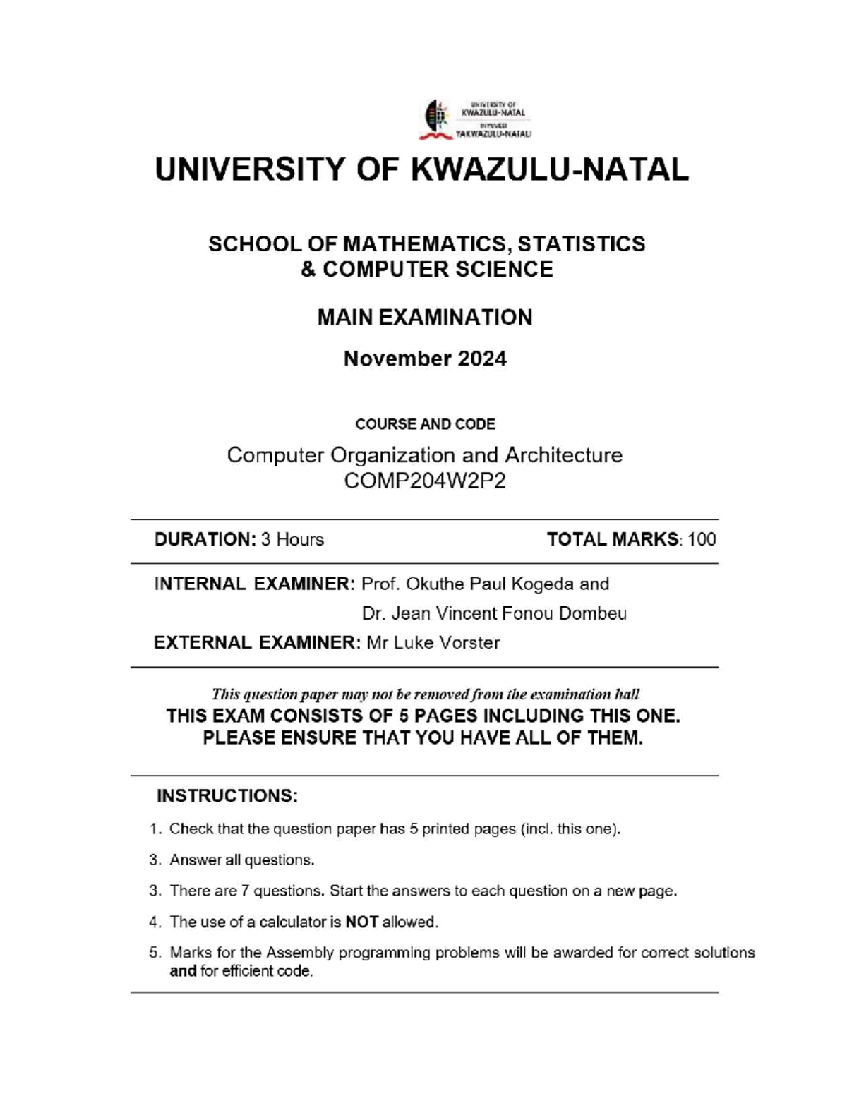 COMP204W2P2 Final Exam - Computer Organization & Architecture - Studocu