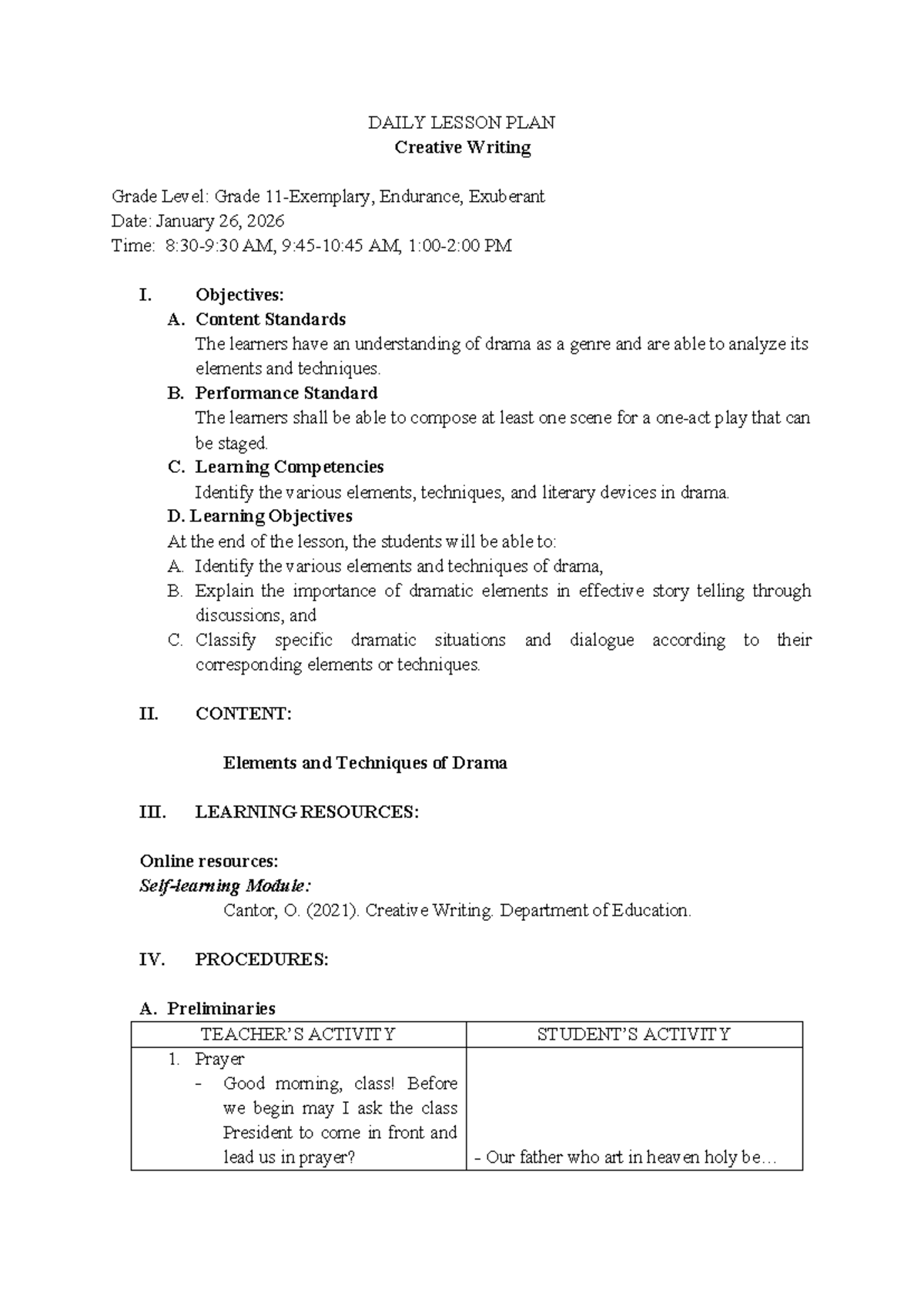 DAILY LESSON PLAN: Creative Writing (Grade 4) - Drama Elements ...