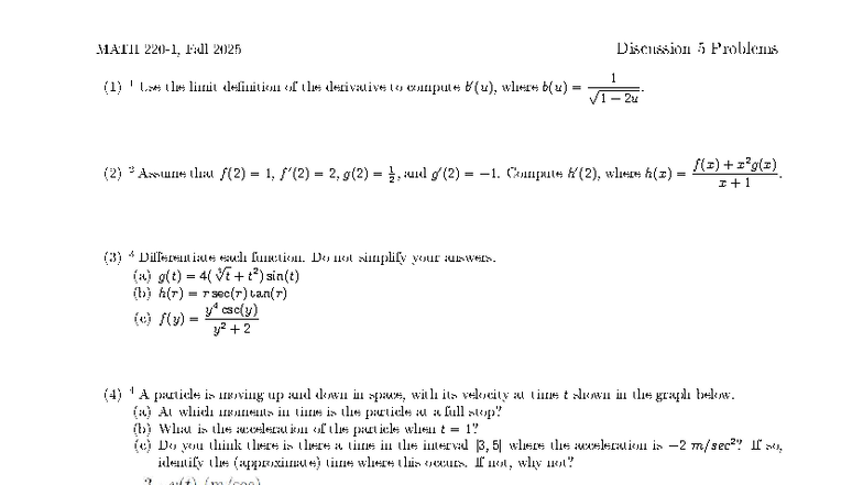 Math 220-1 Discussion 5 Problems - Derivatives & Motion Fall 2025 - Studocu