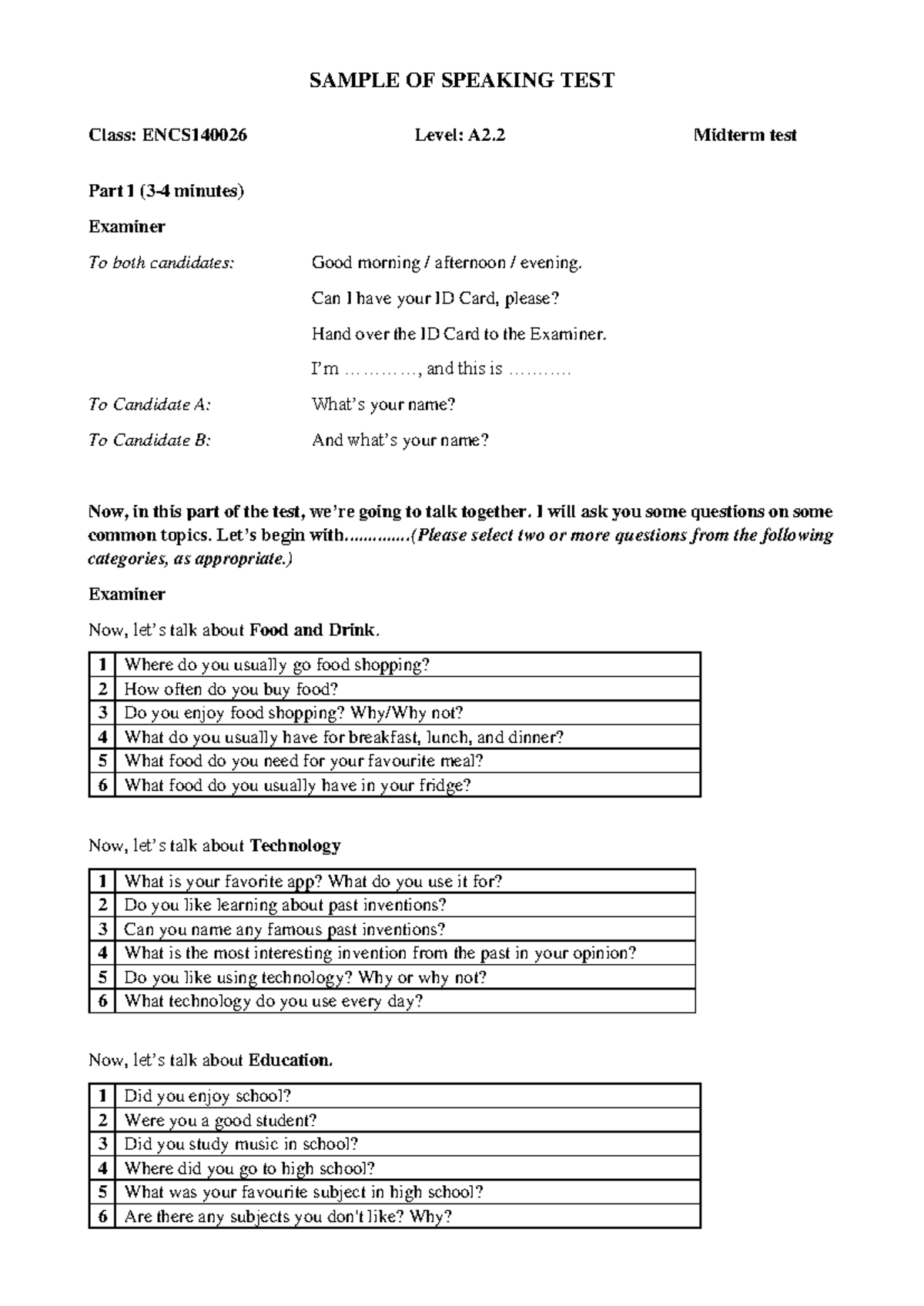 ENCS140026 A2.2 Midterm Speaking Test Sample Questions and Tasks - Studocu