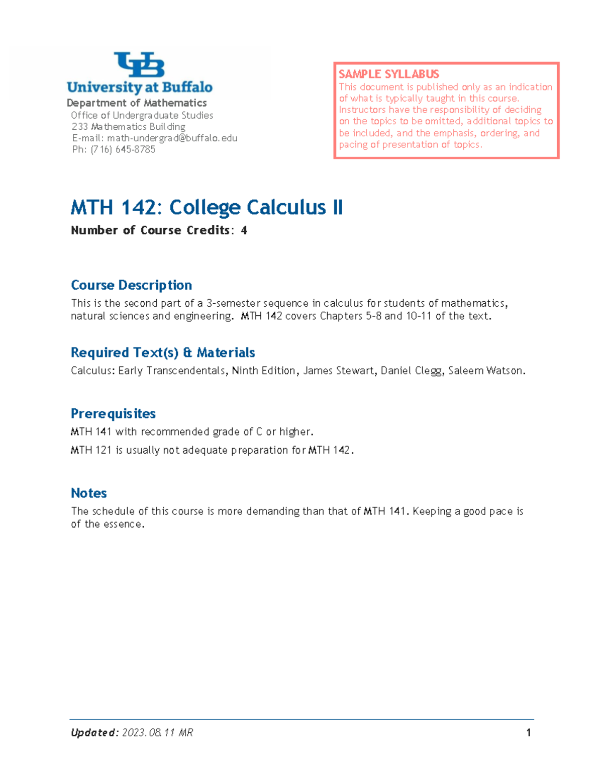 MTH 142: College Calculus II Syllabus and Course Overview - Studocu