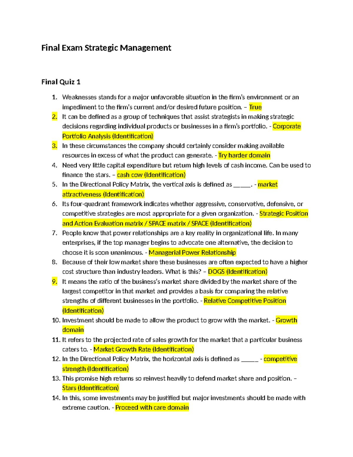 Final Exam Strategic Management Quiz 1 & 2 Overview - Studocu