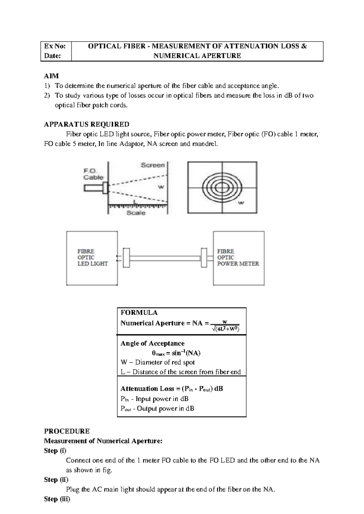 Optical Fiber Measurement of Attenuation Loss & Numerical Aperture ...