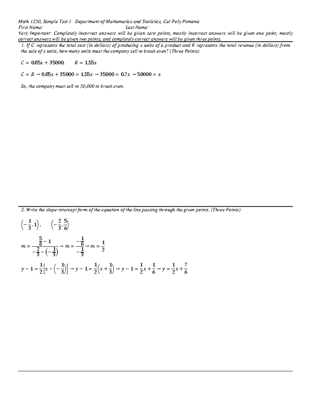 Mathematics 1250 Sample Test 1 Complete Answer Key and Solutions - Studocu