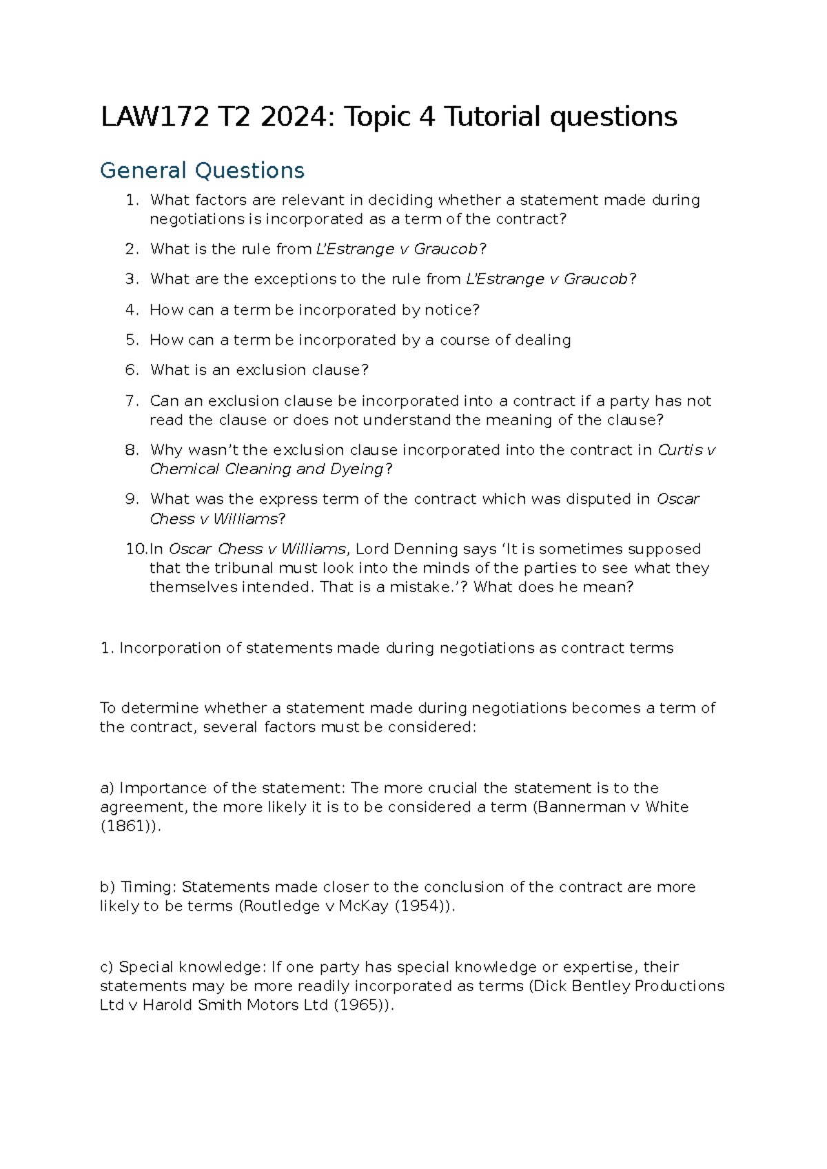 LAW172 T2 2024: Topic 4 Tutorial Questions on Contract Terms - Studocu