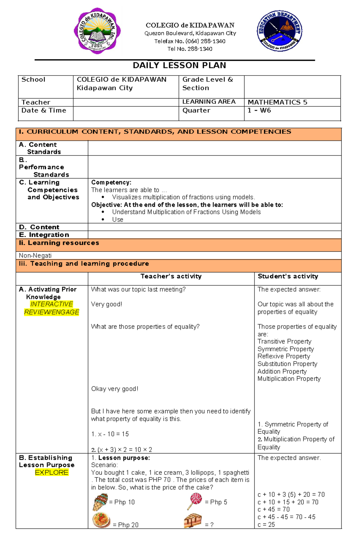 Daily Lesson Plan for Mathematics 5 - Week 6 - Studocu