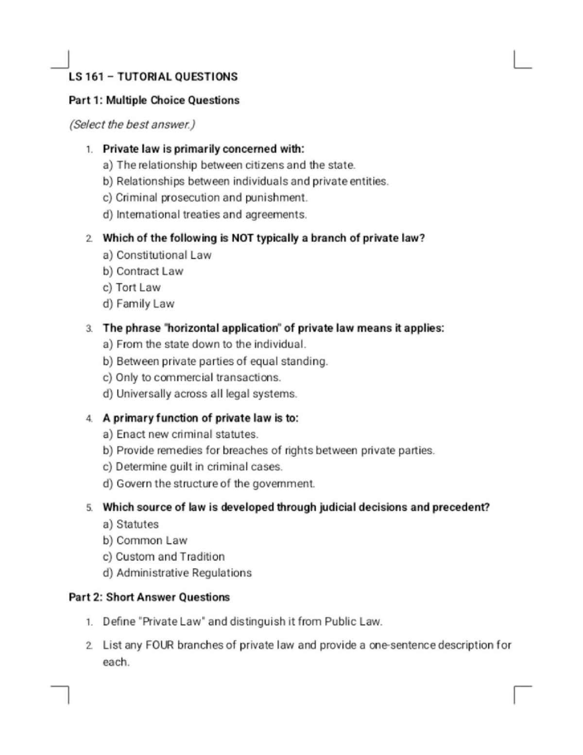LS 161 TUTORIAL QUESTIONS: MCQs & Short Answers from Lecture 1 - Studocu