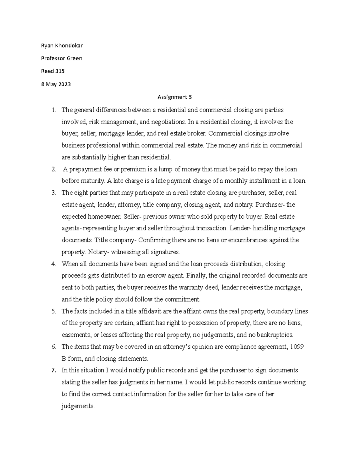 Real Estate Closing Differences - Assignment 5 - Studocu