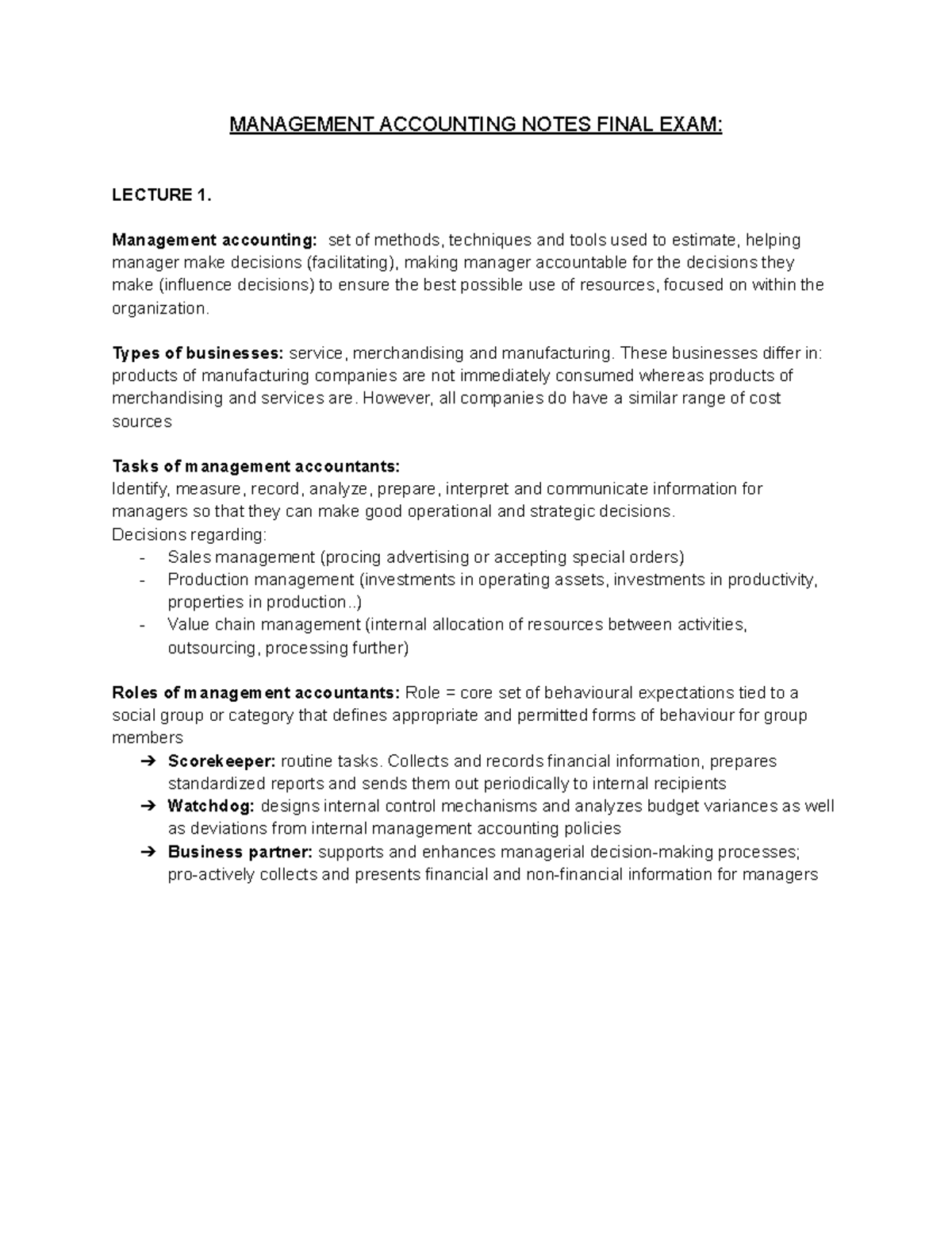 Management Accounting Notes - Final Exam Review (MGT101) - Studeersnel