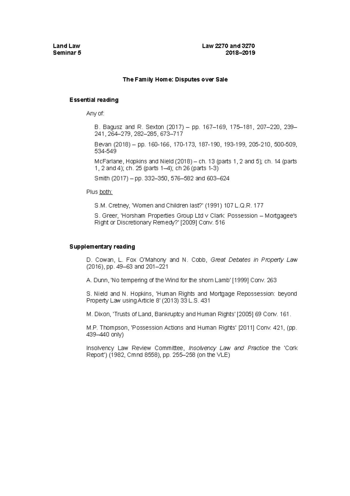 Seminar 5 - The Family Home: Disputes over Sale - Land Law Law 2270 and ...