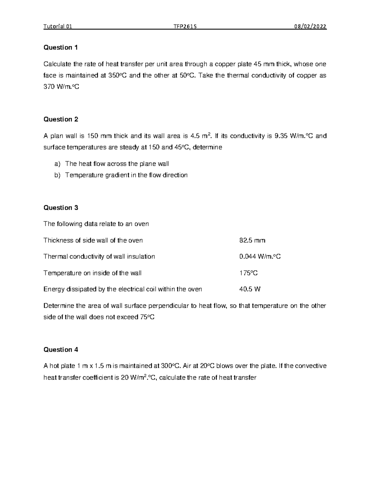 TFP261S Tutorial 01: Heat Transfer Calculations & Concepts - Studocu