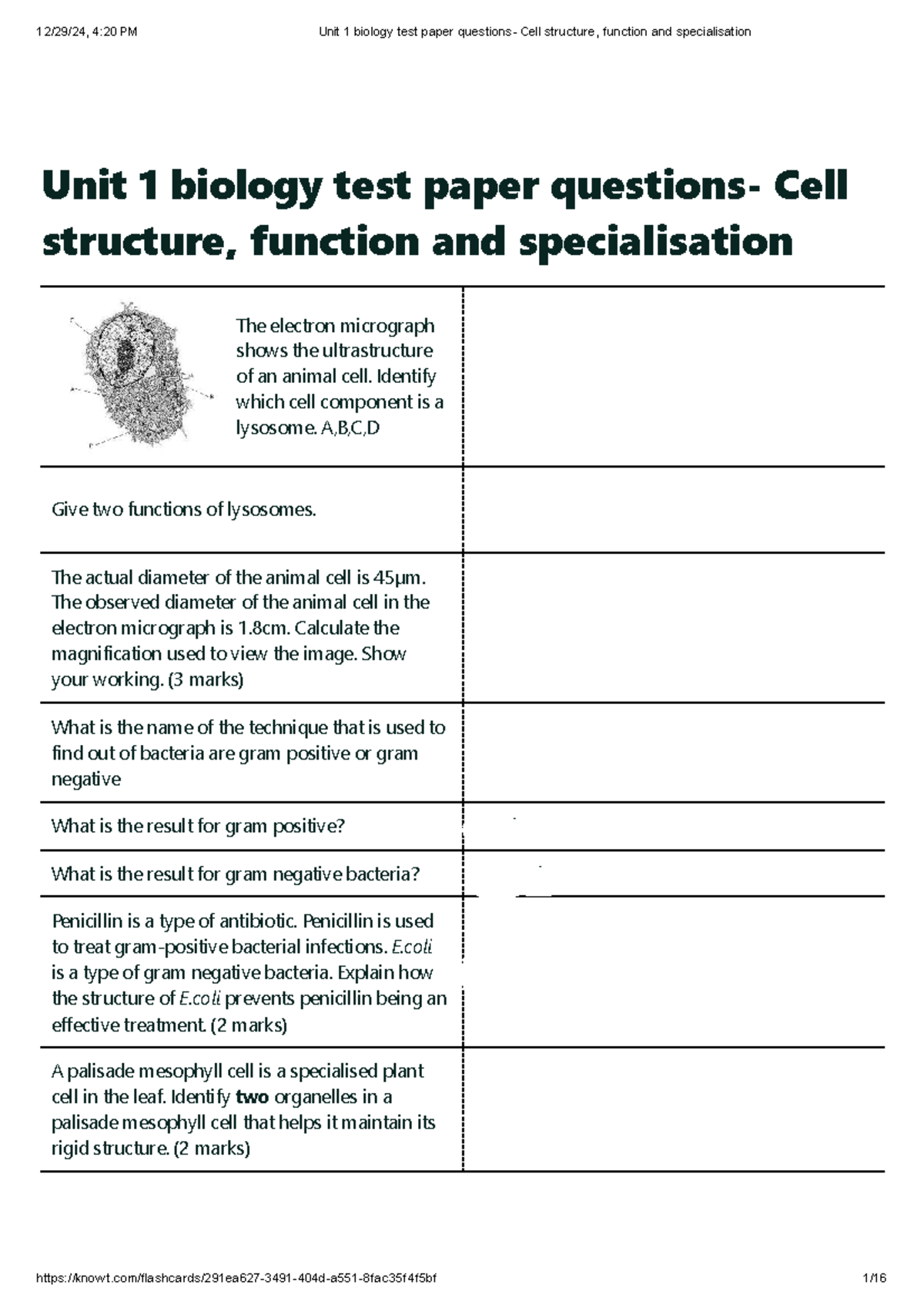 Unit 1 Biology Test Paper: Cell Structure, Function & Specialisation ...