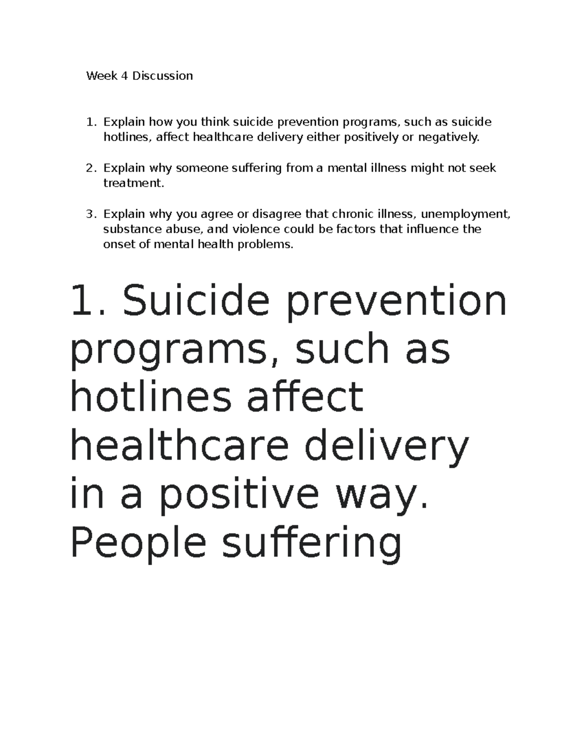 PSY 101: Week 4 Discussion on Suicide Prevention & Mental Health Issues ...