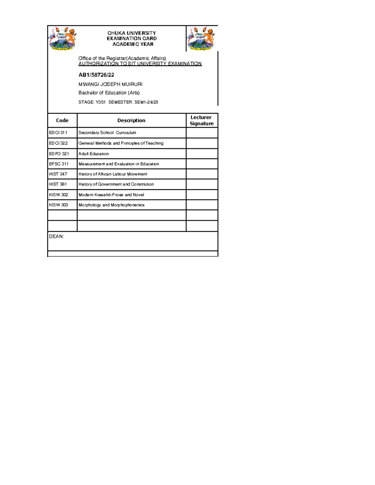 Examcard-AB15872622 - E bells - CHUKA UNIVERSITY EXAMINATION CARD ...