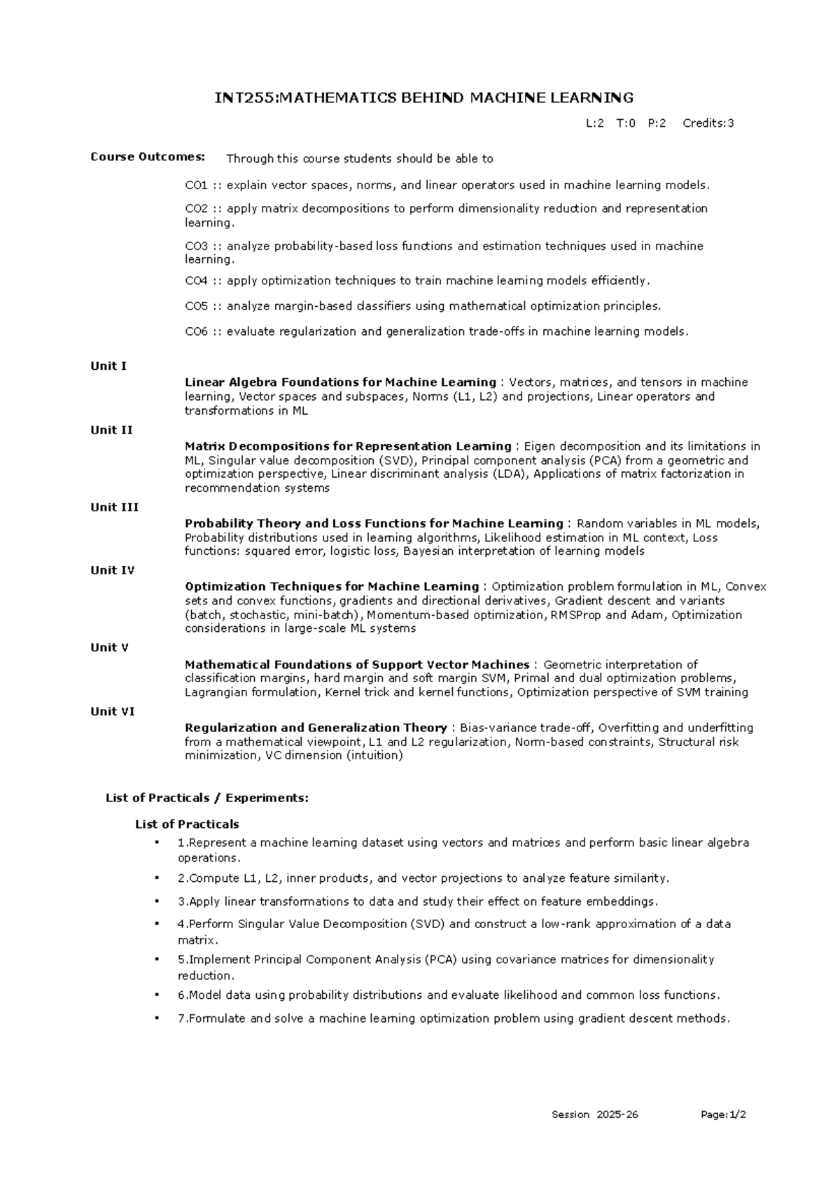INT255: MATH Behind Machine Learning - Syllabus & Course Outcomes - Studocu