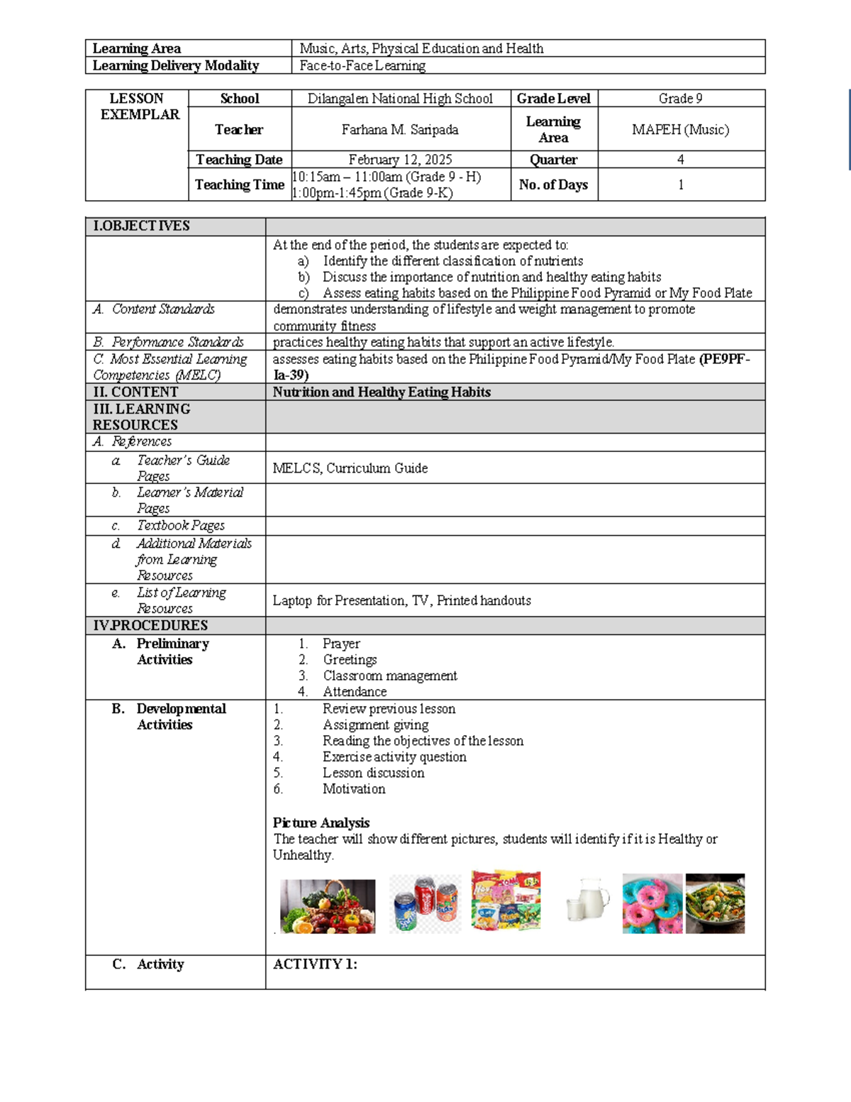 Nutrition and Healthy Eating Habits Lesson Plan MAPEH FEB12 - Studocu