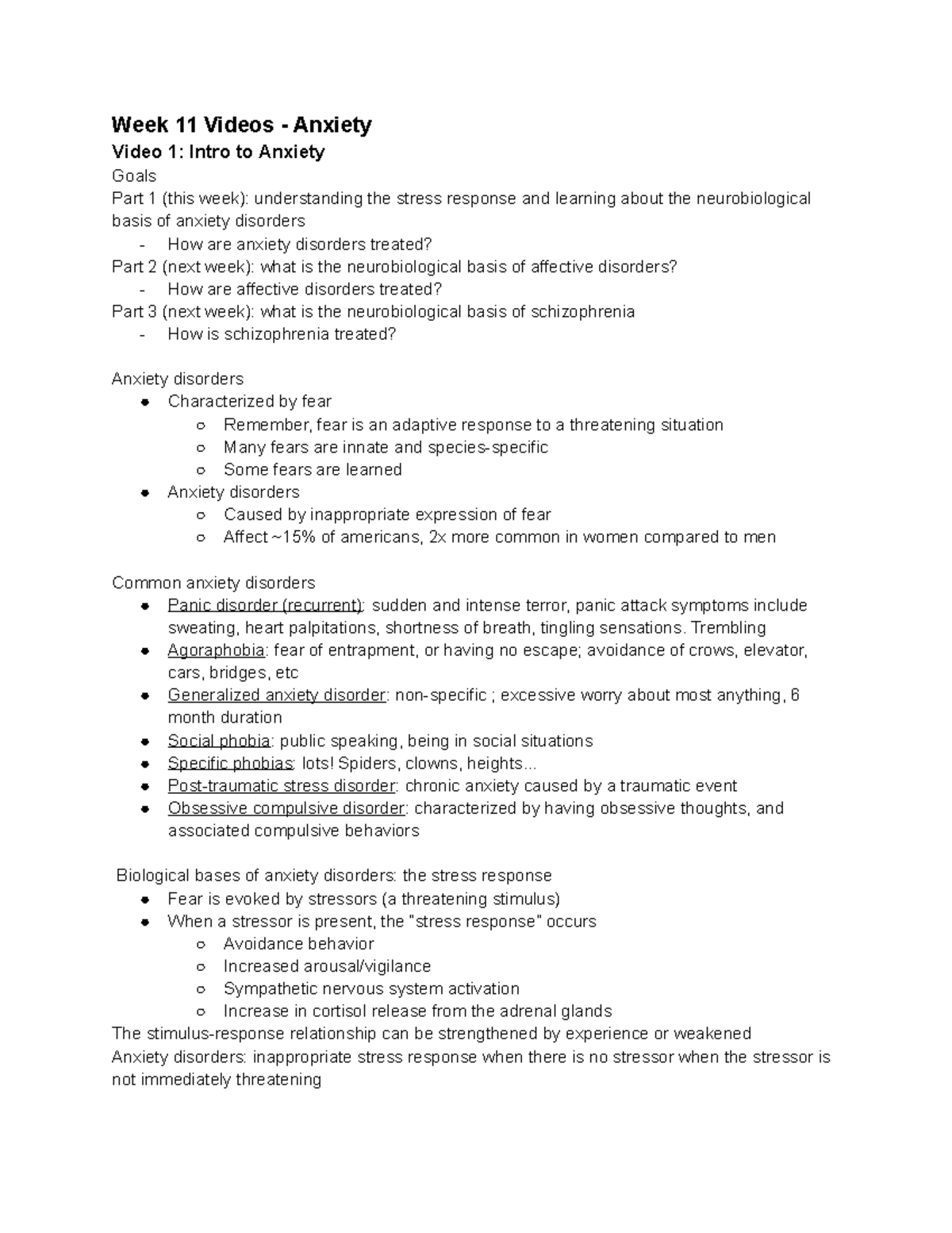 Neuro Notes Exam 4 - Week 11 Videos - Anxiety Video 1: Intro to Anxiety ...