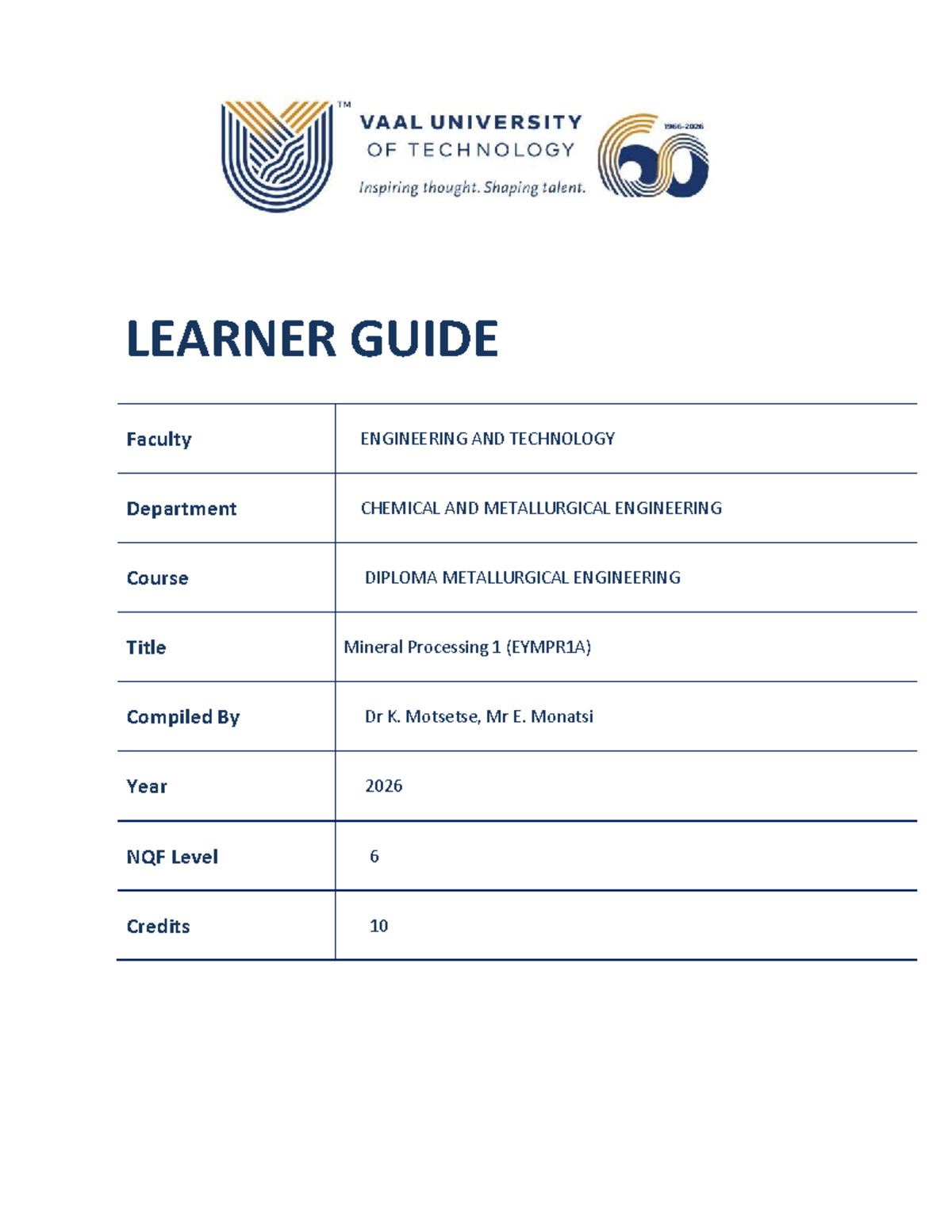 EYMPR1A Learner guide 2026 - EYMPR1A - LEARNER GUIDE Faculty ...