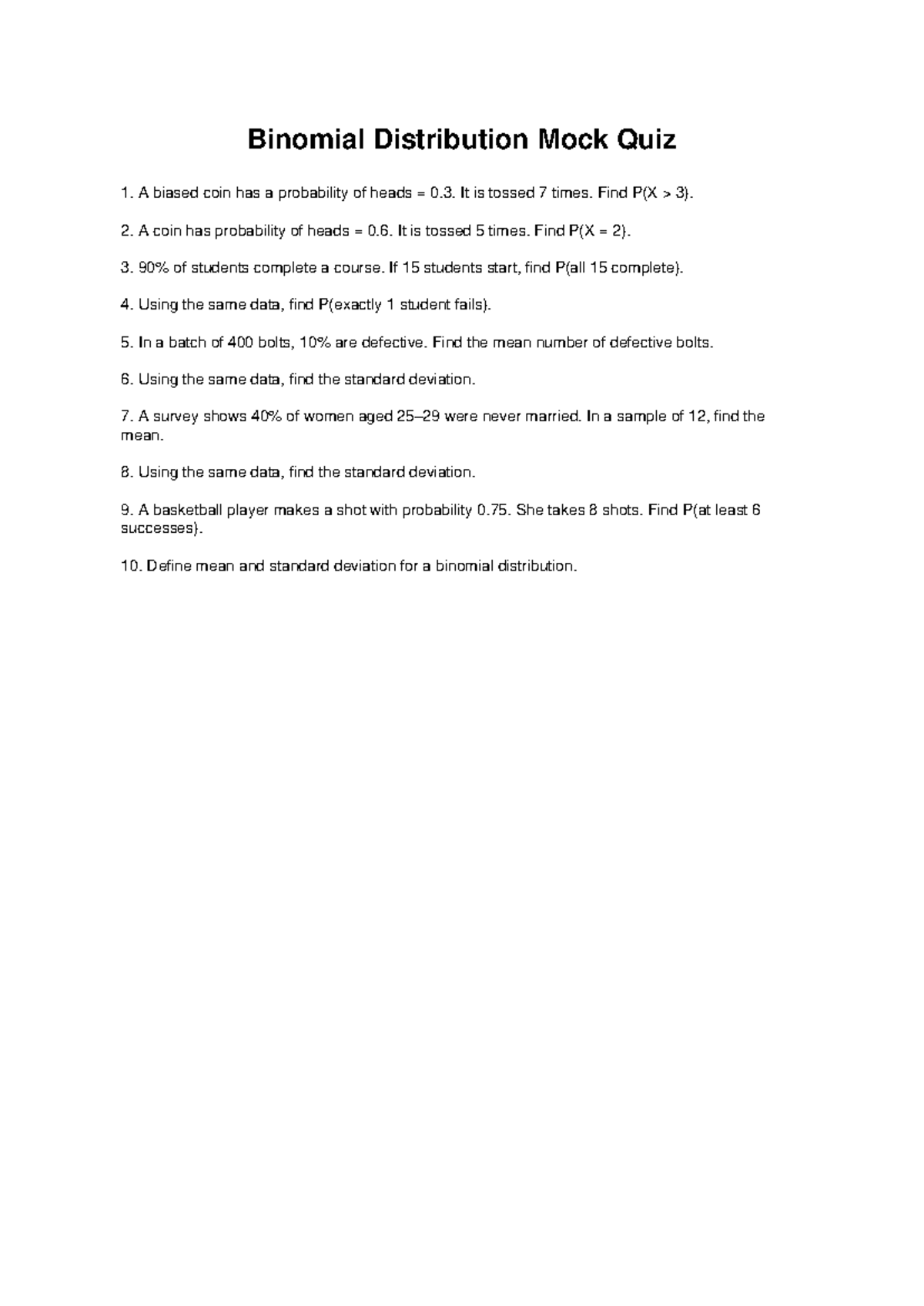 Binomial Distribution Mock Quiz 1: Probability Problems - Studocu