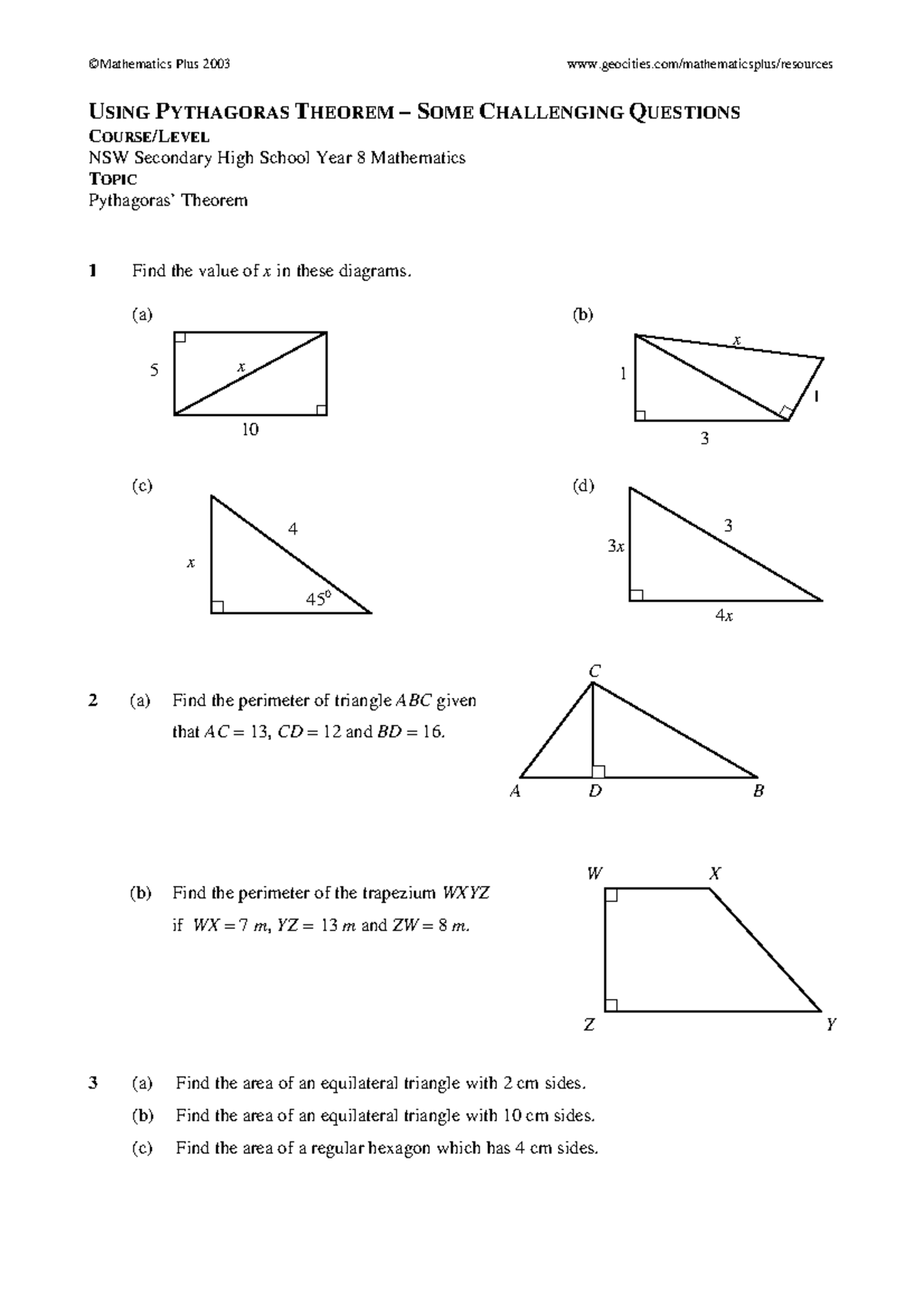 Year 8 Maths: Pythagoras Theorem Worksheet Challenges - Studocu