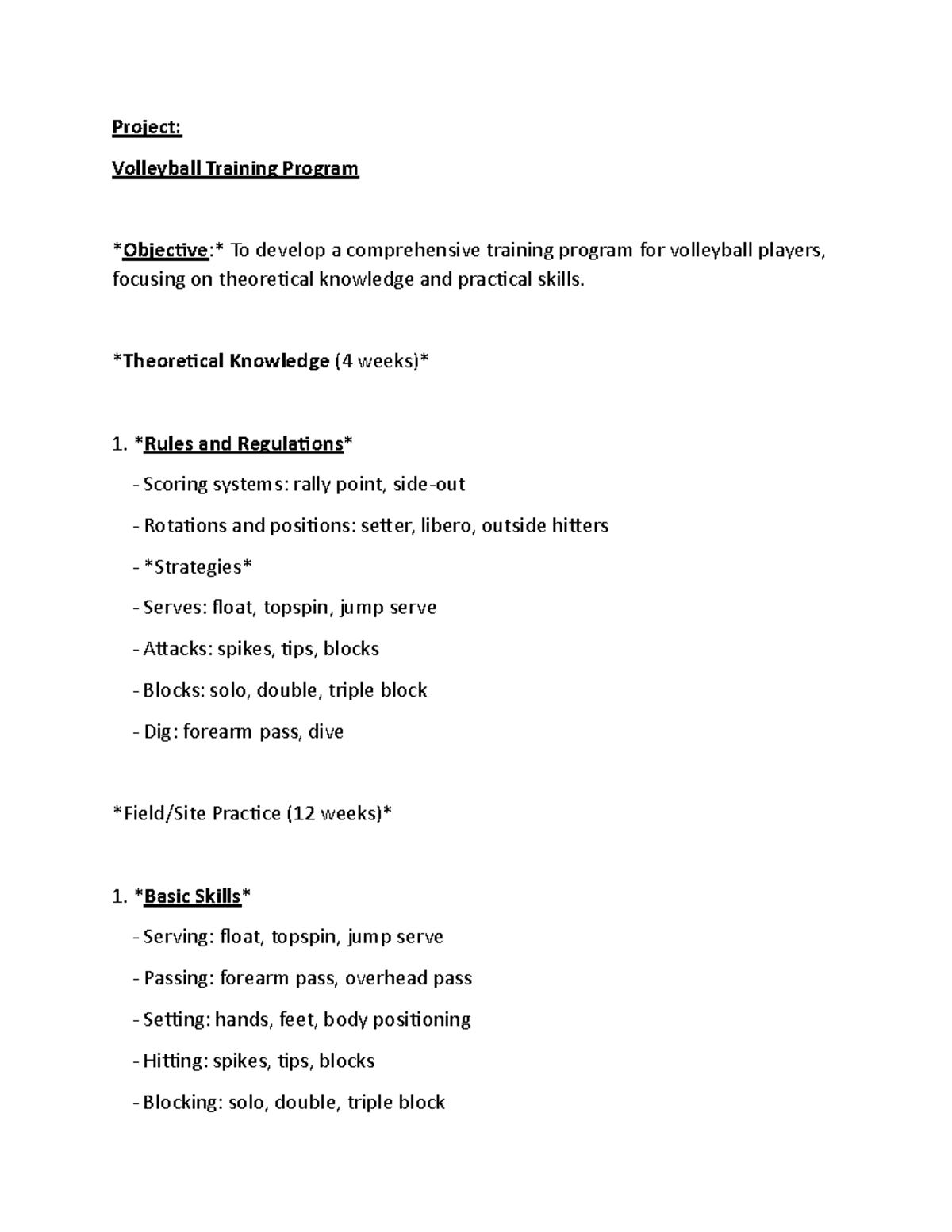 Volleyball Training Program Project: Skills & Strategies (Course Code ...