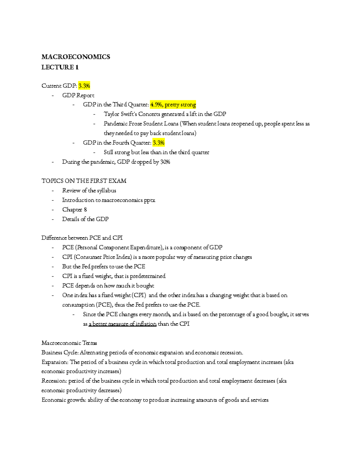 MACROECONOMICS LECTURE 1: GDP Insights & Exam Review Notes - Studocu