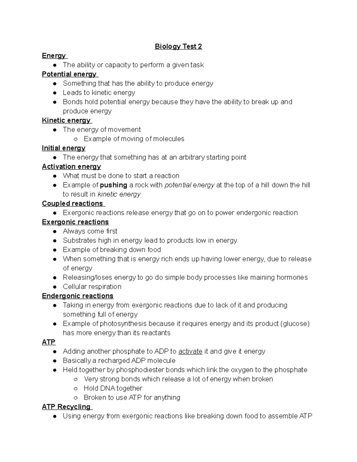 Biology Test 2 Review Sheet: Energy, Cellular Respiration ...