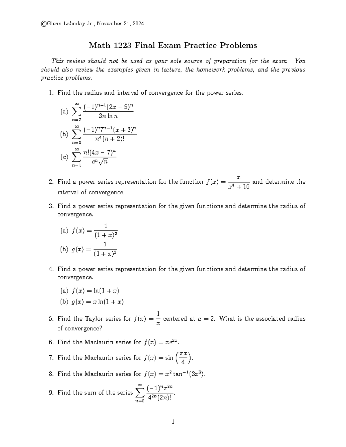 Math 1223 Final Exam Practice: Power Series & Convergence - Studocu