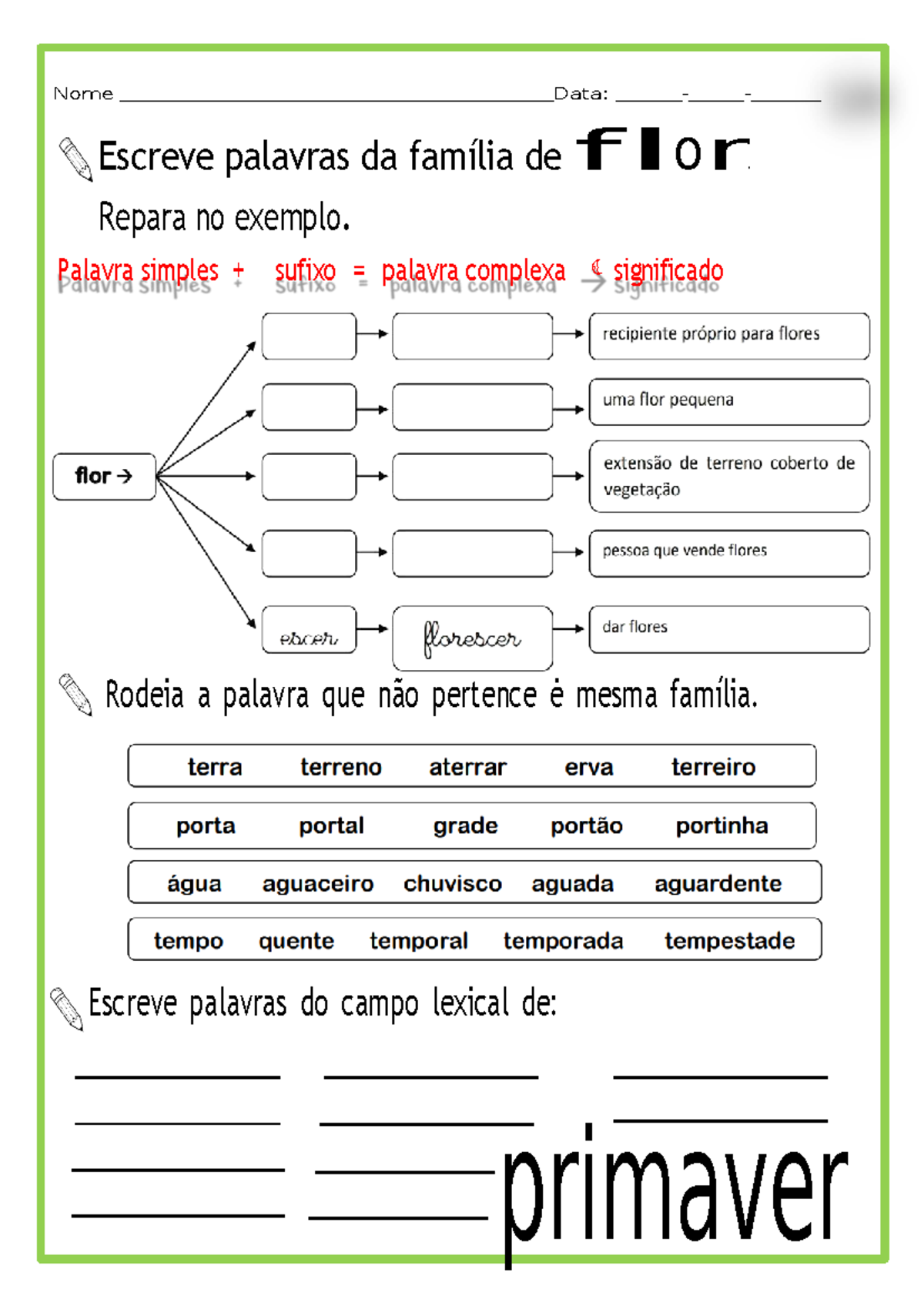 Ficha de gramática - família de palavras e campo lexical - Português ...