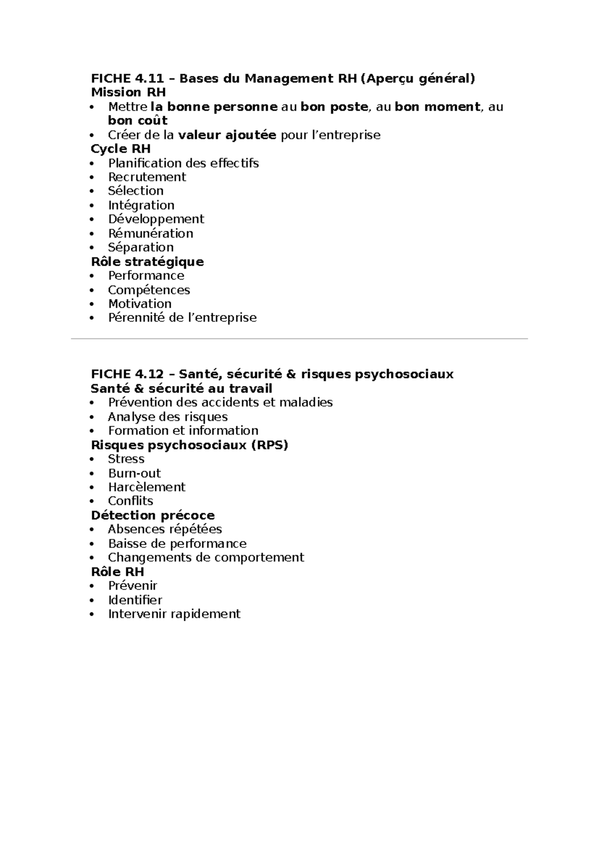 Fiches d'Examen RH - Notes de Cours et Concepts Clés - Studocu