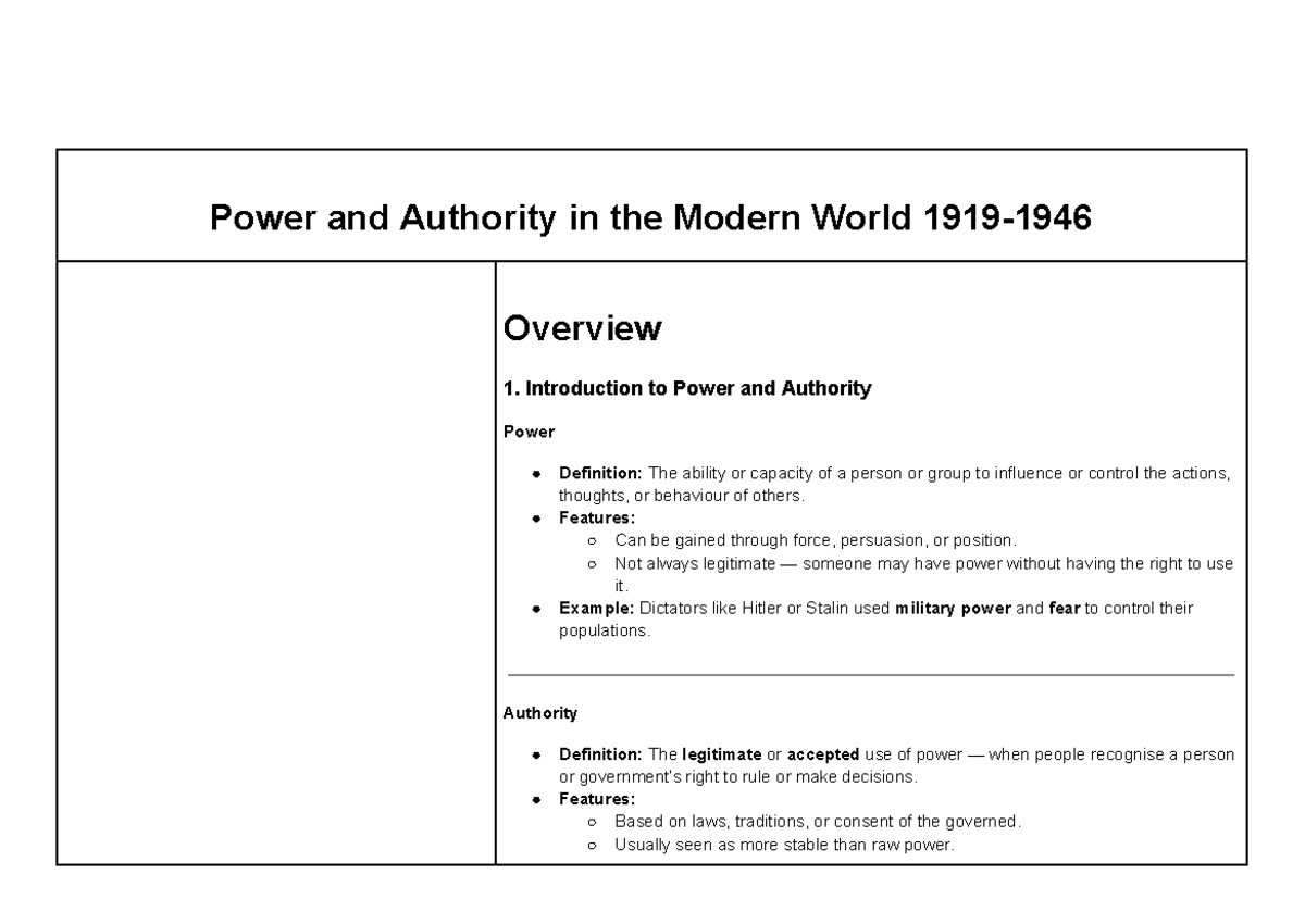 Power and Authority in the Modern World (1919-1946) Overview - Studocu